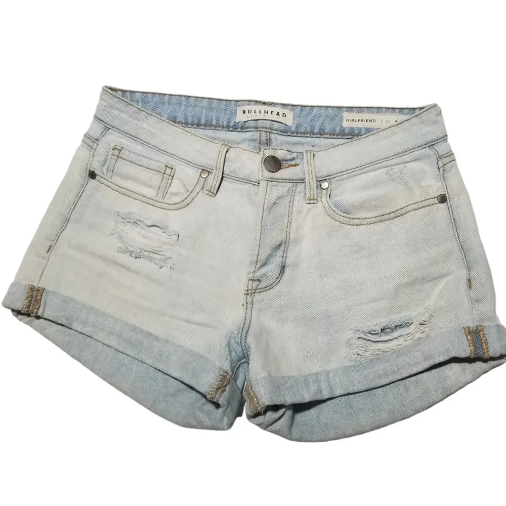 Bullhead Shorts 25 Jean Distressed Denim Girlfriend Light Wash Cuffed